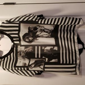 3x teenbell black and white striped short sleeve sheer blouse with open tie back